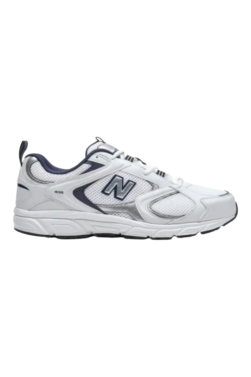 Sporline New Balance 408 beyaz unisex spor ayakkabı, file detaylı ve gümüş vurgulu şık günlük yürüyüş ayakkabısı