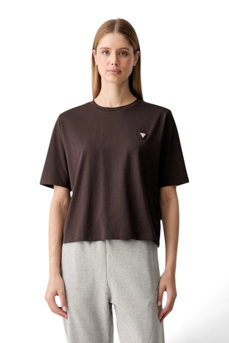 Sporline Guess Colette kahverengi %100 pamuklu, bisiklet yaka, kısa kollu, geniş kesim kadın boxy t-shirt