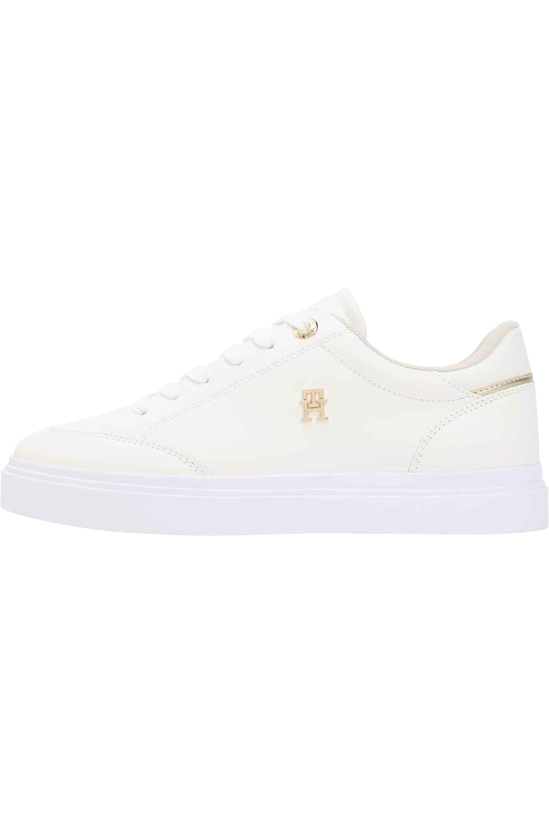 Sporline Tommy Hilfiger beyaz deri kadın sneaker, yan tarafta altın renkli logo detayı ile