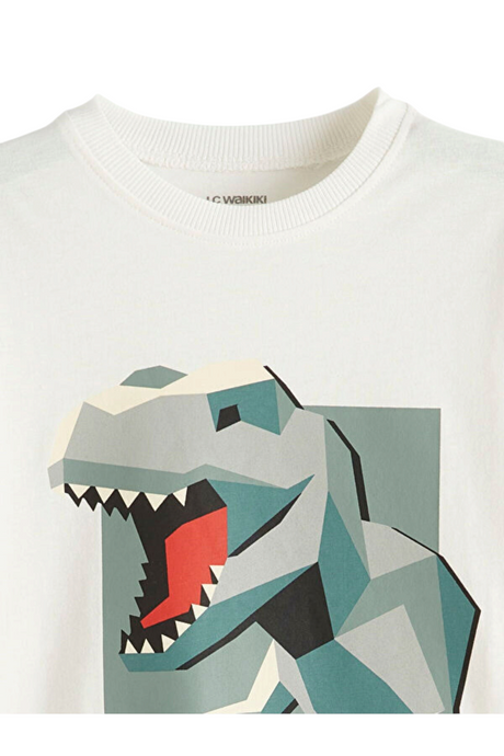 Sporline LC Waikiki ekru renkli, geometrik dinozor baskılı çocuk kısa kollu t-shirt