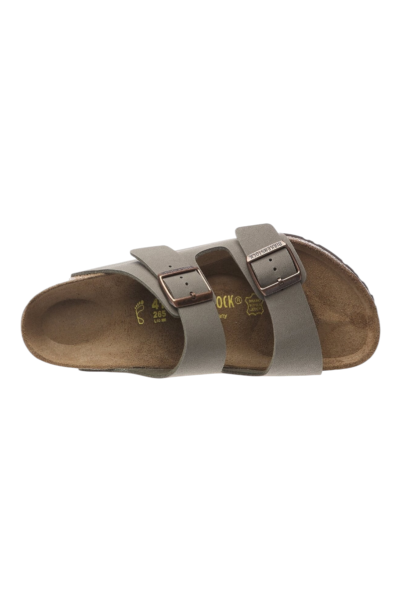 Sporline Birkenstock Arizona unisex deri terlik, kum beji renginde, iki ayarlanabilir tokalı üst bantlı tasarım.