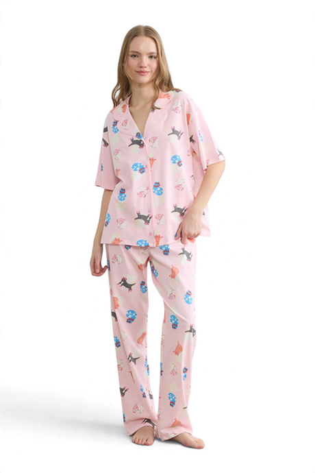 Sporline LC Waikiki pembe desenli pamuklu kısa kollu kadın hamile pijama takımı