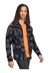 Sporline adidas MT Aop FZ FL erkek ceket, siyah ve karbon renkli geometrik desenli, fermuarlı polyester polar