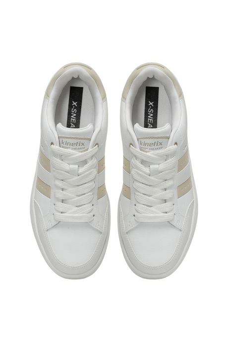 Sporline Kinetix College beyaz ve kum rengi tekstil kadın sneaker, üstten görünüm