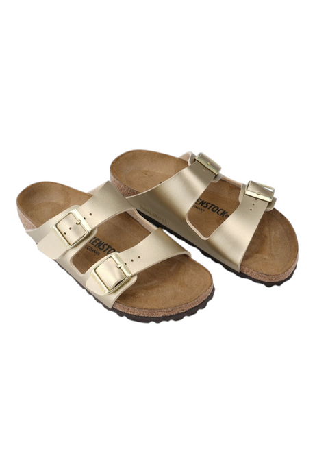 Sporline Birkenstock Arizona altın sarısı metalik kadın terlik, mantar tabanlı ve çift tokalı tasarım