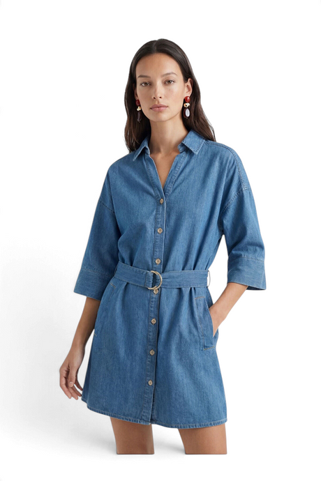 Sporline LC Waikiki indigo mavi renkli, gömlek yakalı, truvakar kollu ve kuşaklı pamuklu denim mini elbise