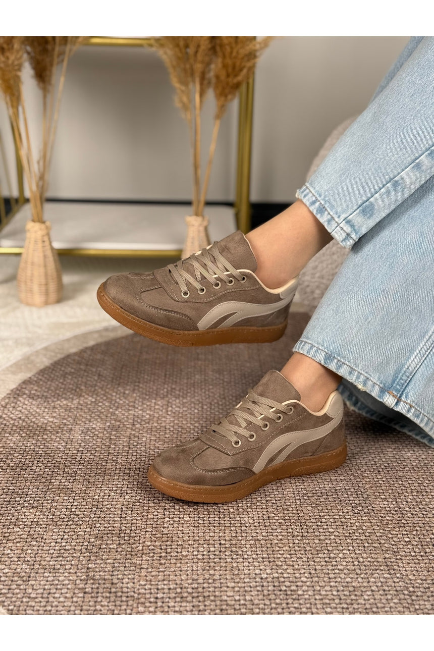 Melisandre Kadın Vizon Krem Detaylı Düz Taban Bağcıklı Süet Rahat Kullanım  Günlük Spor Ayakkabı Sneaker - Gri/ Kahverengi
