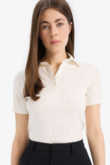 DeFacto C6249AX Kadın Polo Yaka T-Shirt - Kırık Beyaz