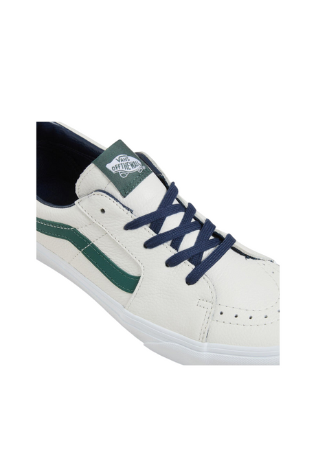 Sporline Vans unisex beyaz deri sneaker, yeşil detaylı ve lacivert bağcıklı, şık günlük spor ayakkabı tasarımı