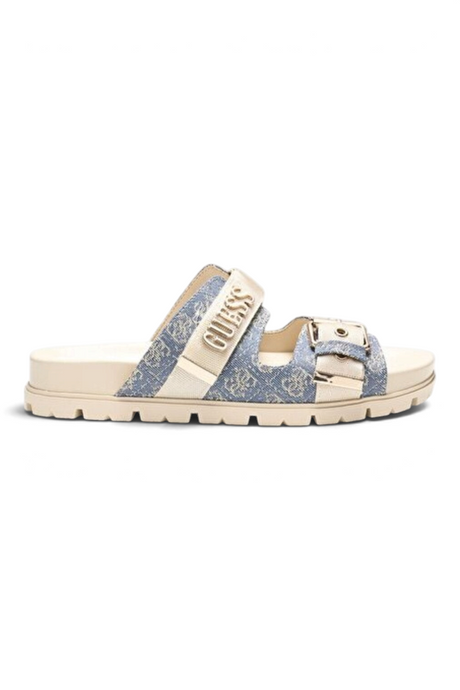 Sporline Guess Faxona2 krem renkli, logolu polyester bantlı ve tokalı kadın sandalet