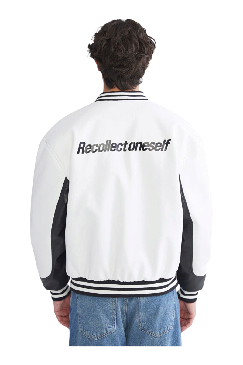 Sporline LC Waikiki erkek parlak beyaz, sırtında siyah yazılı, loose kesim polyester kolej ceket