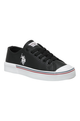 Sporline U.S. Polo Assn. siyah PU erkek sneaker, yan kısmında beyaz logo detayı ve çizgili taban tasarımı