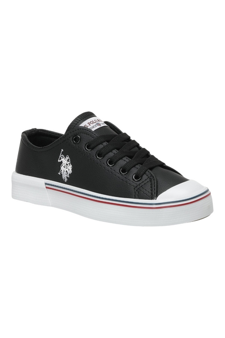 Sporline U.S. Polo Assn. siyah PU erkek sneaker, yan kısmında beyaz logo detayı ve çizgili taban tasarımı