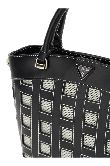 Sporline Guess Frankie siyah poliüretan kadın el çantası, beyaz dikiş detaylı ve metal logolu satchel tasarımı