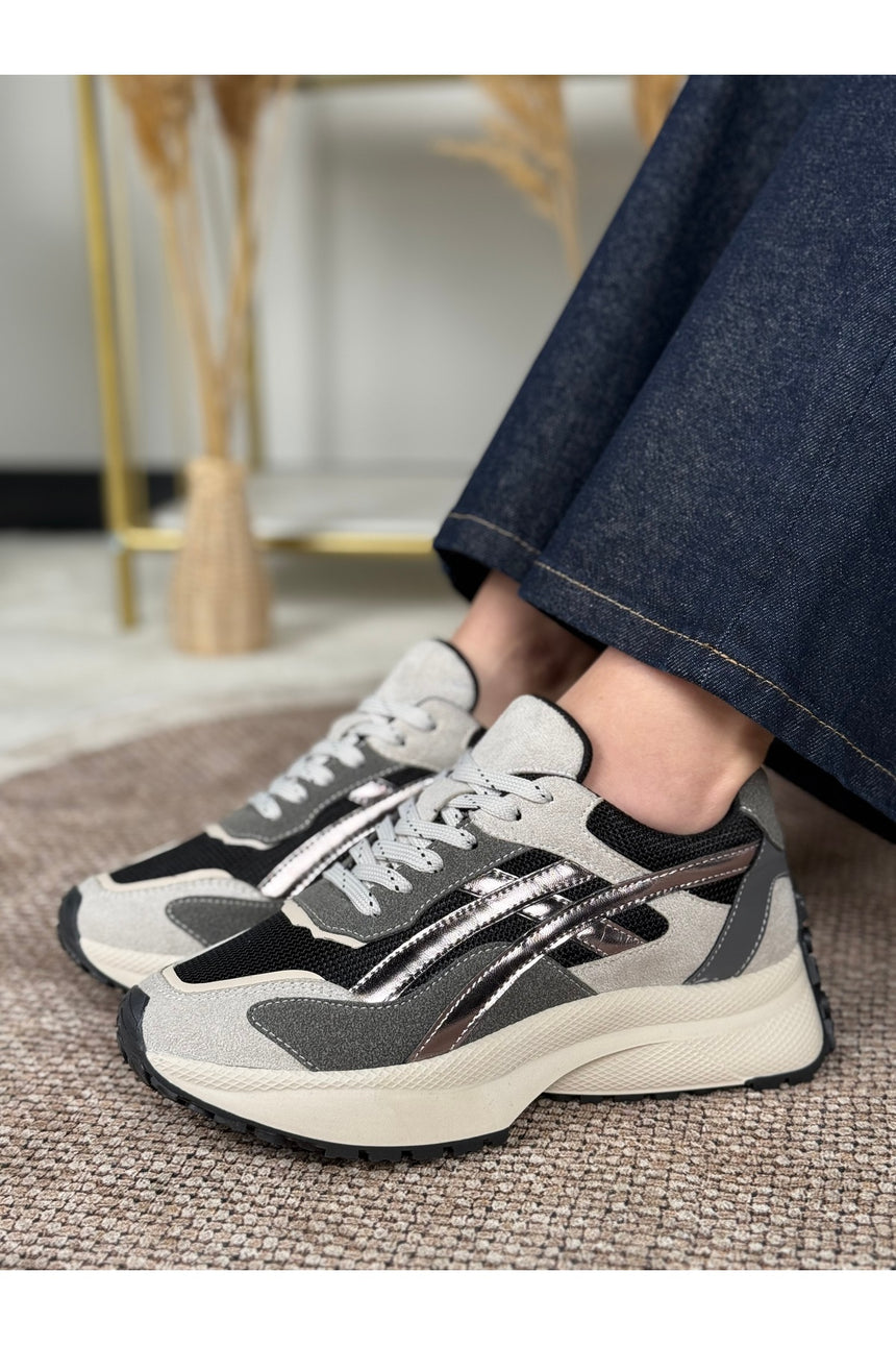 Rovena Kadın Gri Gümüş Yüksek Taban Bağcıklı  Sneaker Spor Ayakkabı - Gri