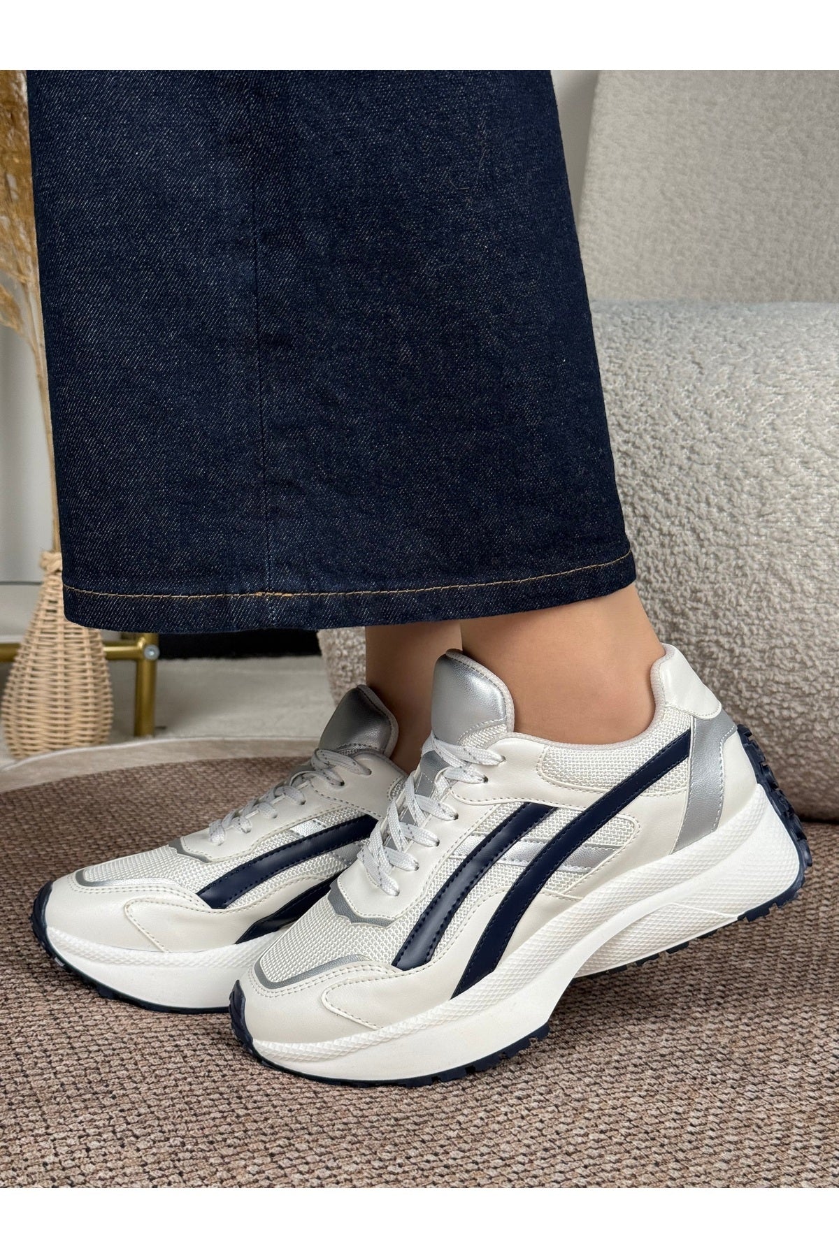 Rovena Kadın Lacivert Gri Koyu Gri Gümüş Yüksek Taban Bağcıklı  Sneaker Spor Ayakkabı - Lacivert/ Gri