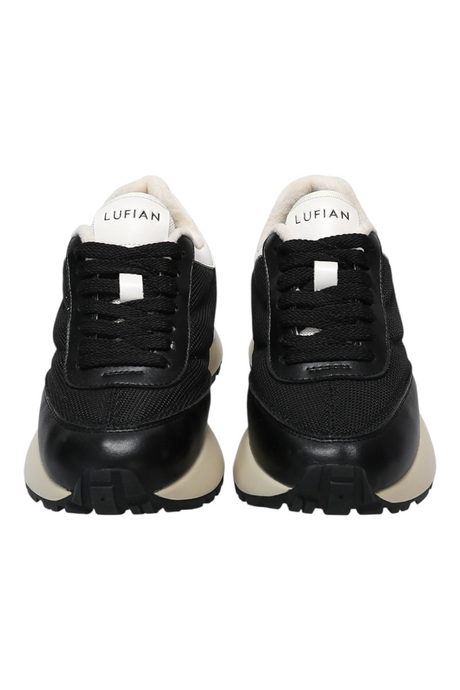 Sporline Lufian siyah suni deri kadın sneaker, beyaz tabanlı ve bağcıklı günlük spor ayakkabı modeli.