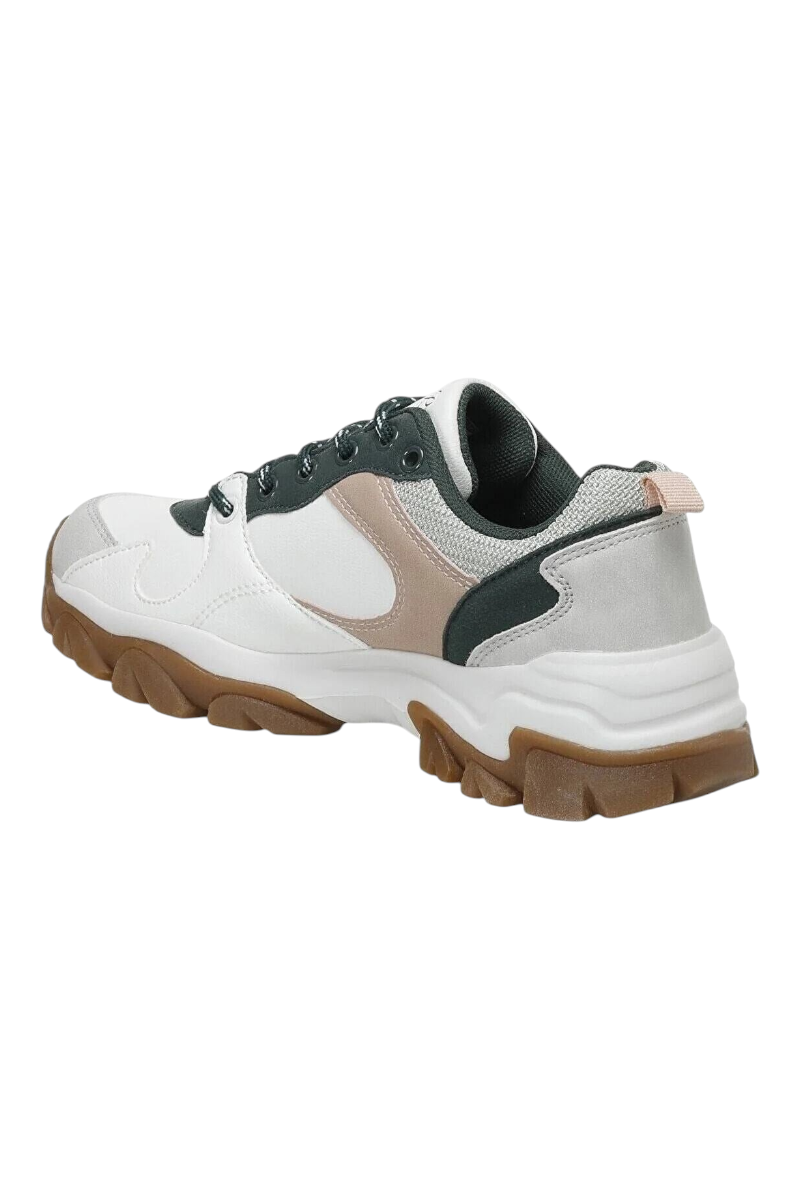 Sporline U.S. Polo Assn. beyaz ve yeşil detaylı, suni deri kadın yürüyüş ayakkabısı, tırtıklı kahverengi taban