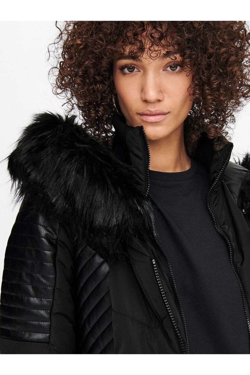 only onlnewlinette fur hood coat otw 15295396 - Siyah