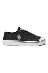 Sporline U.S. Polo Assn. siyah PU erkek sneaker, yan tarafında beyaz logo detayı ve beyaz taban ile günlük ayakkabı.