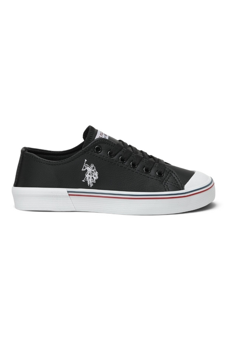 Sporline U.S. Polo Assn. siyah PU erkek sneaker, yan tarafında beyaz logo detayı ve beyaz taban ile günlük ayakkabı.