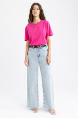 Defacto Kadın Short Sleeve T-Shirt W9584AZ - Mor/ Beyaz