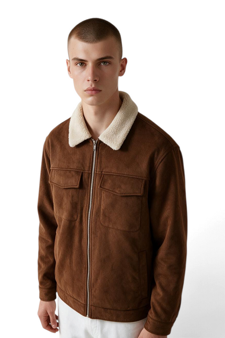 Sporline LC Waikiki erkek açık kahverengi süet görünümlü, pelüş yakalı ve fermuarlı slim fit mont