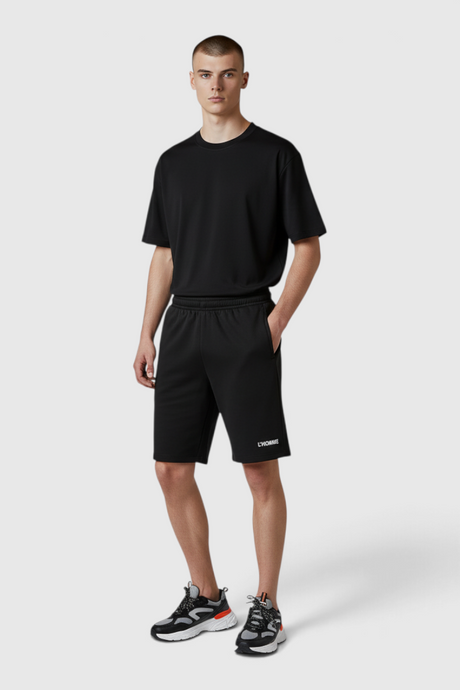 Sporline Lumberjack siyah renkli, relaxed kesim, %100 tekstil malzemeden üretilmiş erkek şortu.
