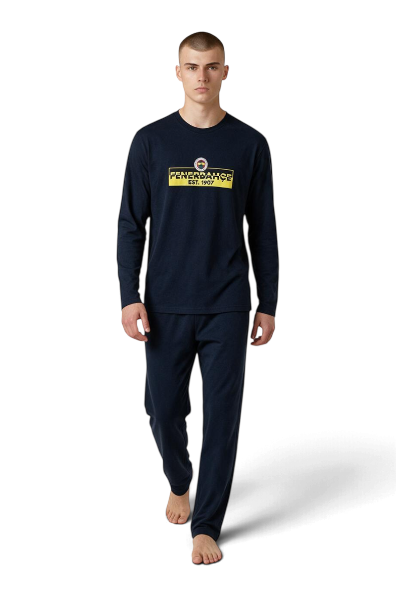 Sporline LC Waikiki Fenerbahçe baskılı, bisiklet yaka, %100 pamuklu açık lacivert erkek pijama takımı
