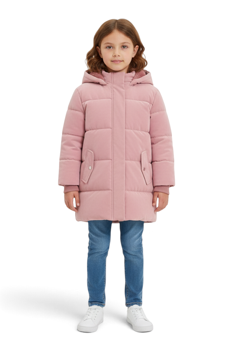 Sporline LC Waikiki mat lila renkli, kapüşonlu, polyester dolgulu çocuk montu giyen bir kız çocuğu