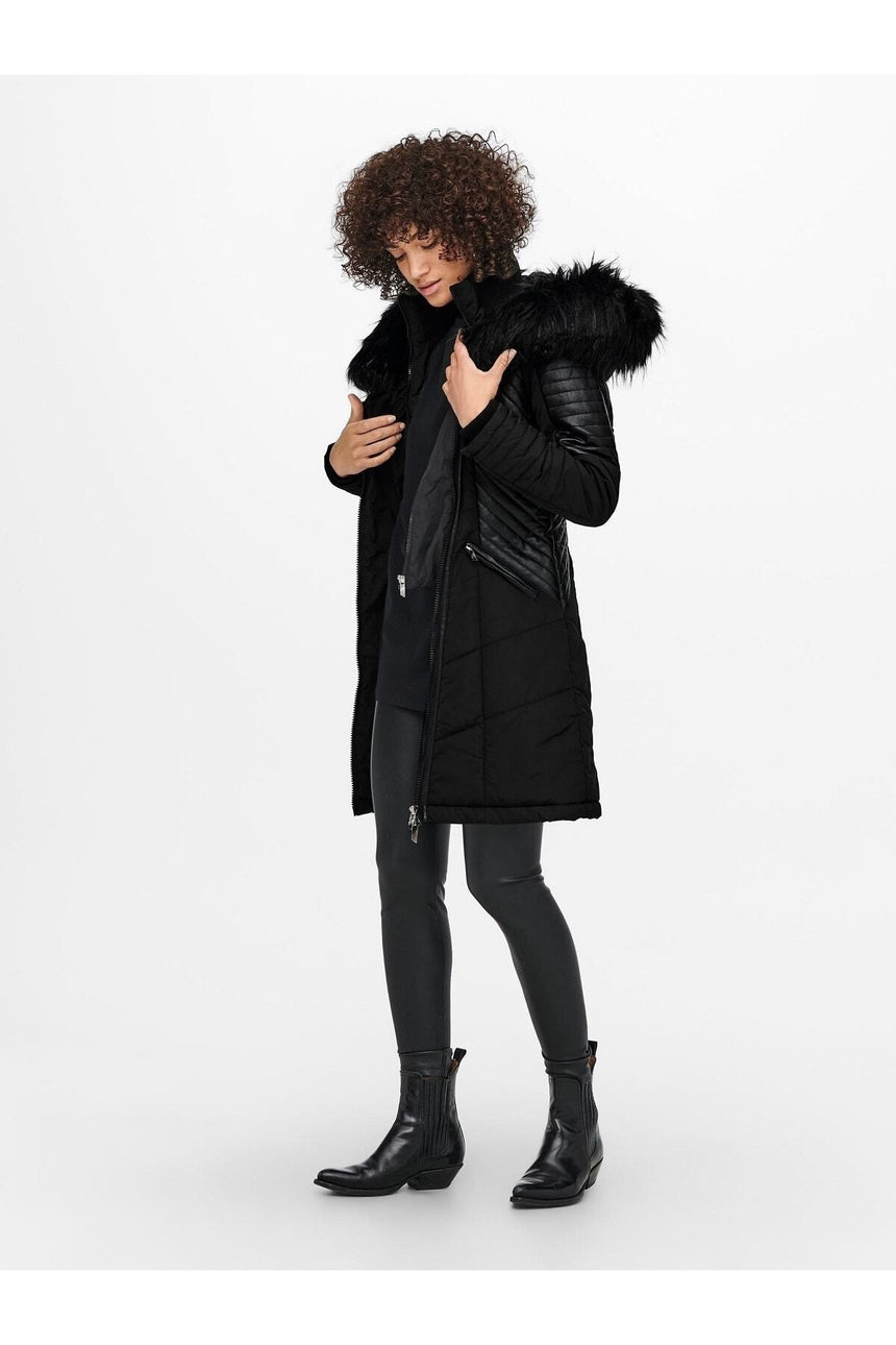 only onlnewlinette fur hood coat otw 15295396 - Siyah