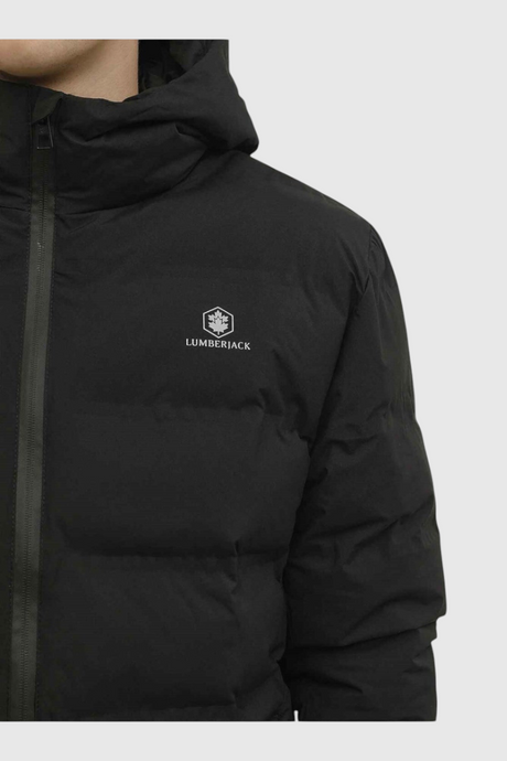 Sporline Lumberjack Nolan siyah erkek mont, pamuk polyester karışımlı kumaş ve kapüşonlu regular kesim tasarım.