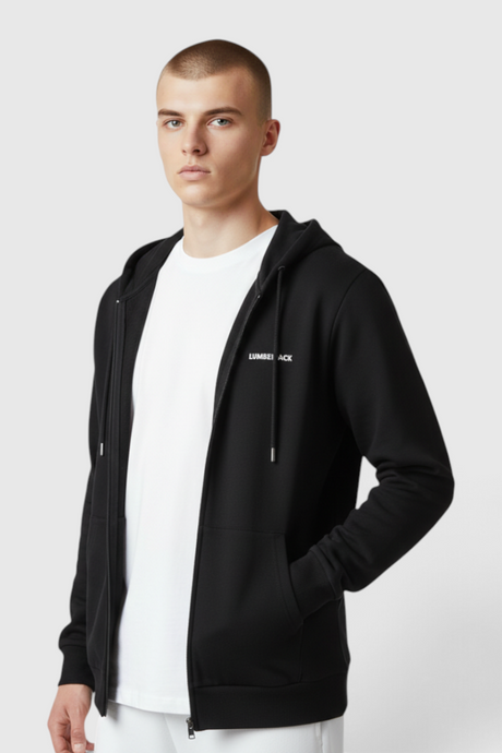 Sporline Lumberjack siyah fermuarlı kapüşonlu kadın sweatshirt, regular kesim ve göğüs kısmında logo detaylı
