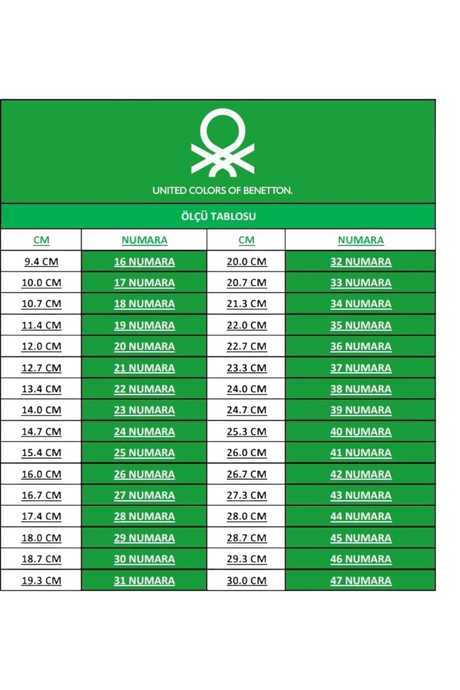 Sporline Benetton erkek terlik için santimetre ve numara karşılıklarını gösteren yeşil zeminli ölçü tablosu