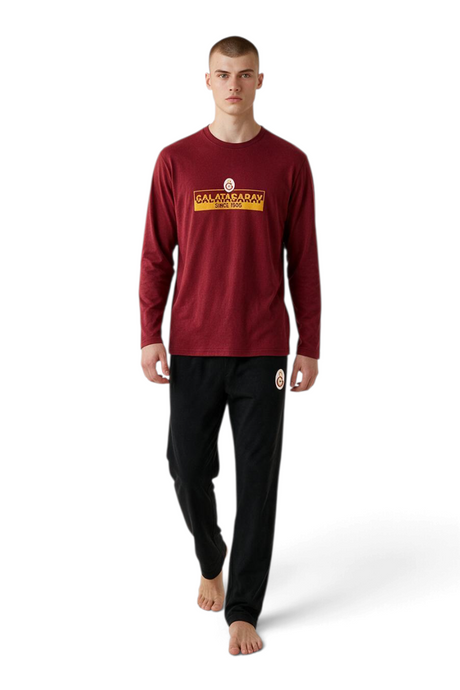 Sporline erkek kırmızı Galatasaray baskılı uzun kollu pamuklu penye pijama takımı ve siyah pijama altı