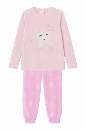Sporline LC Waikiki bebek pembe renkli, yıldız desenli, bisiklet yaka uzun kollu kız çocuk pijama takımı