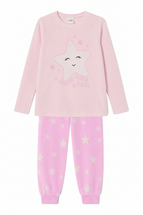 Sporline LC Waikiki bebek pembe renkli, yıldız desenli, bisiklet yaka uzun kollu kız çocuk pijama takımı