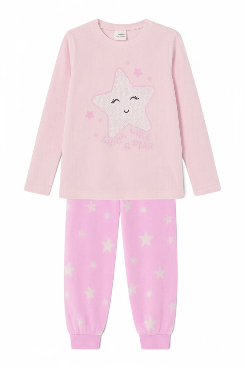 Sporline LC Waikiki bebek pembe renkli, yıldız desenli, bisiklet yaka uzun kollu kız çocuk pijama takımı