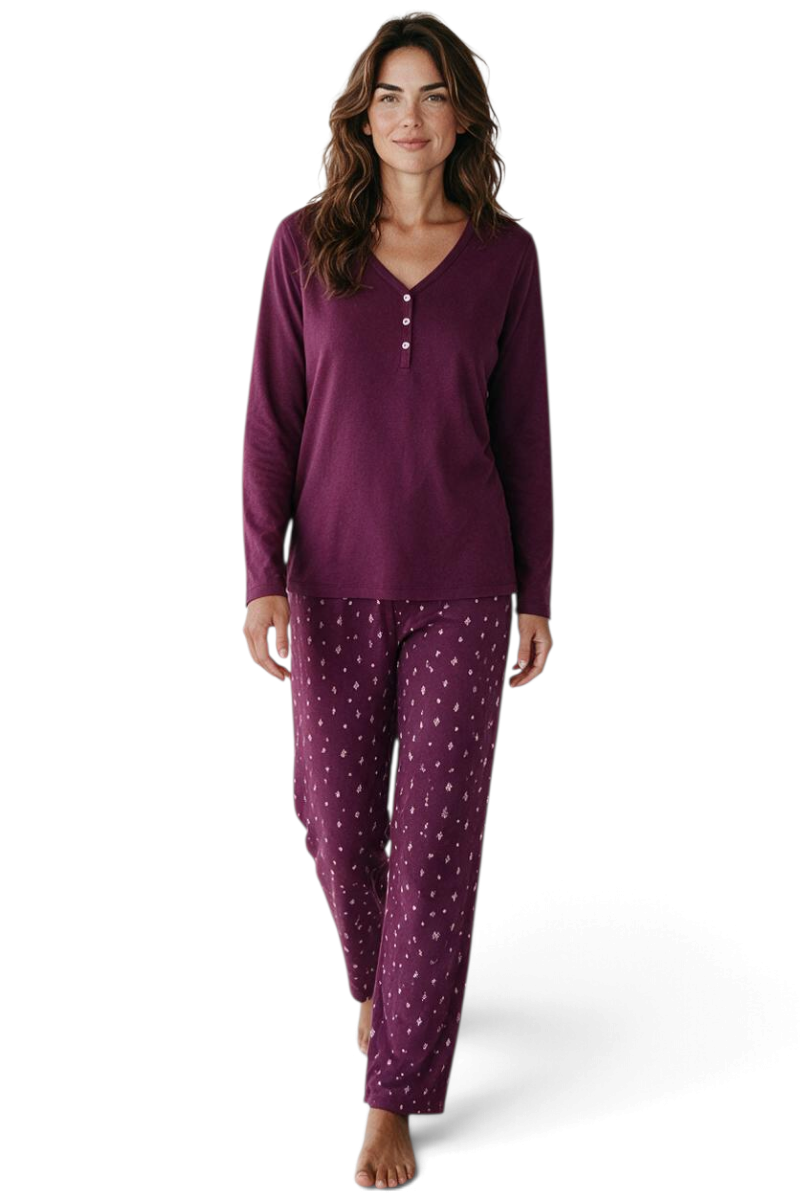 LC Waikiki Kadın V Yaka Penye Pijama Takımı W6P058B8 - Koyu Kırmızı