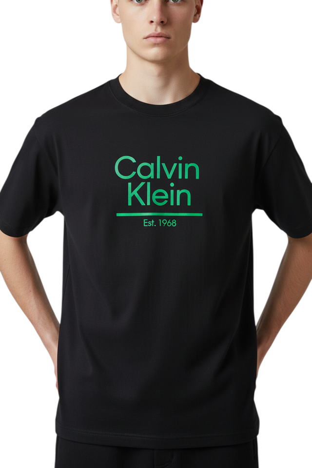Sporline Calvin Klein siyah regular kesim %100 pamuk erkek tişört, yeşil logo baskılı