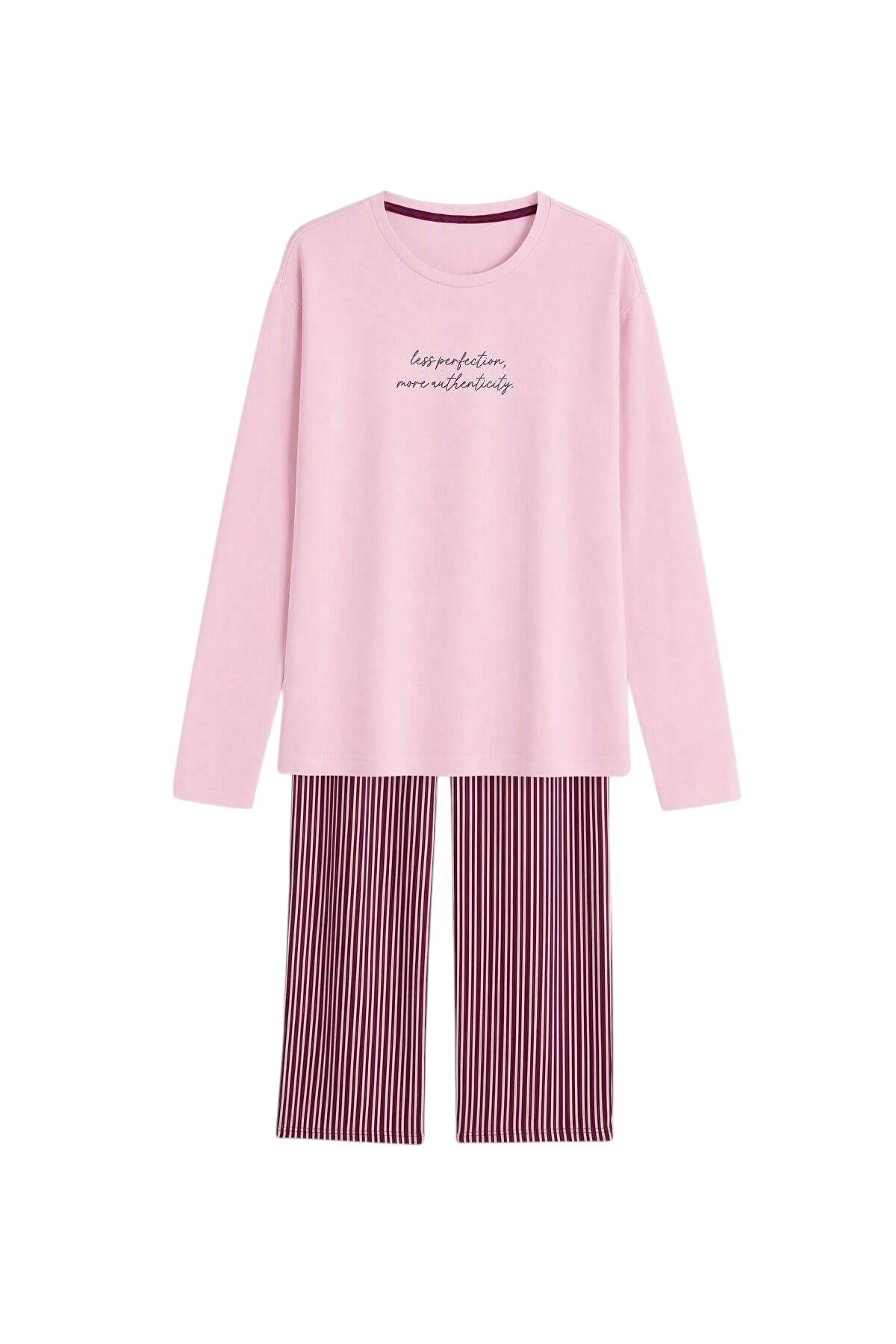 Sporline LC Waikiki pembe slogan baskılı uzun kollu üst ve çizgili alt parçadan oluşan %100 pamuklu pijama takımı