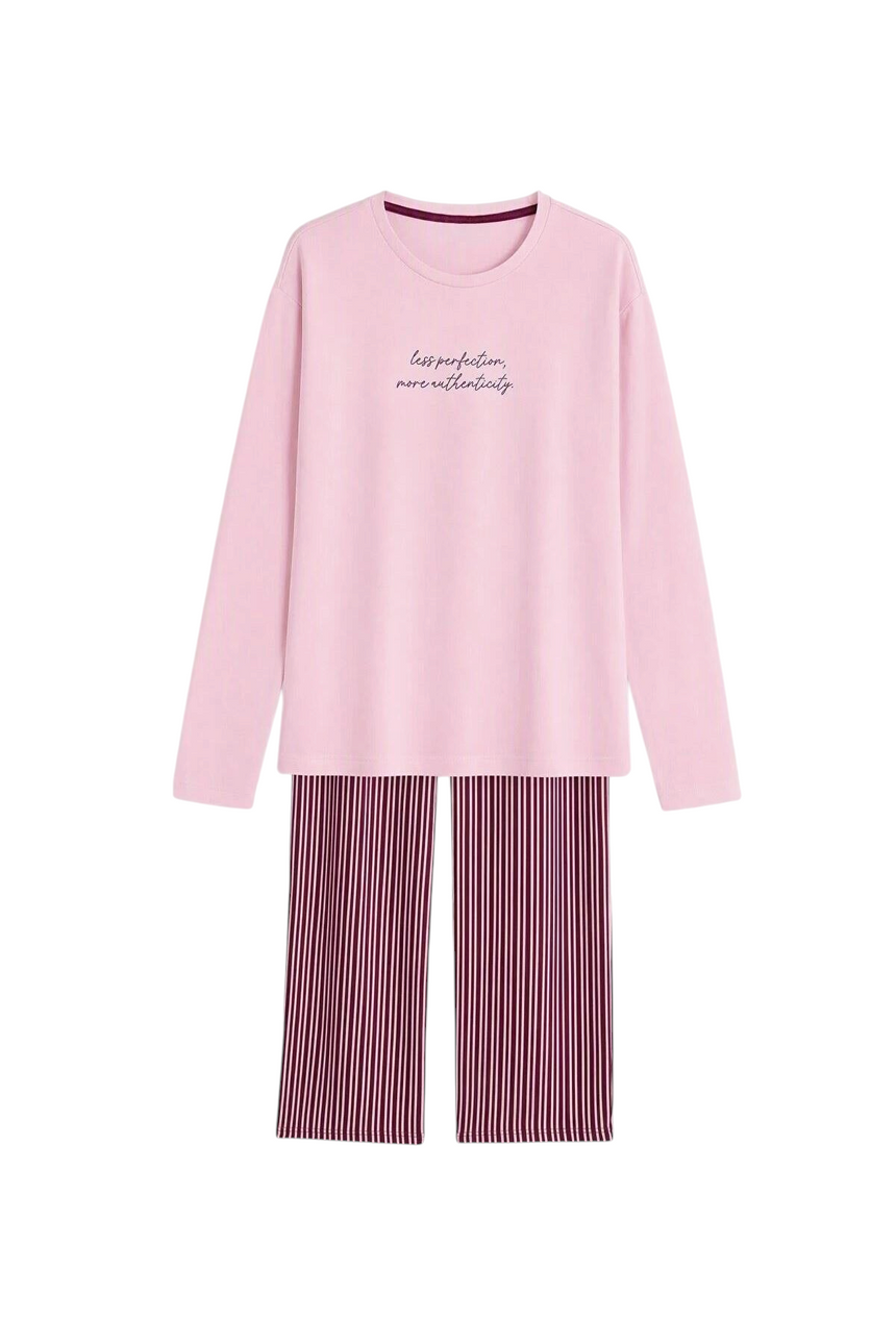 Sporline LC Waikiki pembe slogan baskılı uzun kollu üst ve çizgili alt parçadan oluşan %100 pamuklu pijama takımı