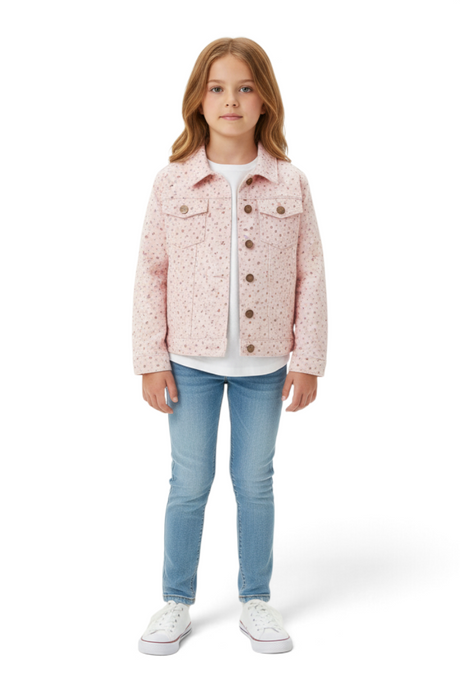 Sporline LC Waikiki açık pembe desenli pamuklu gabardin kız çocuk ceketi, gömlek yakalı ve düğmeli tasarım.