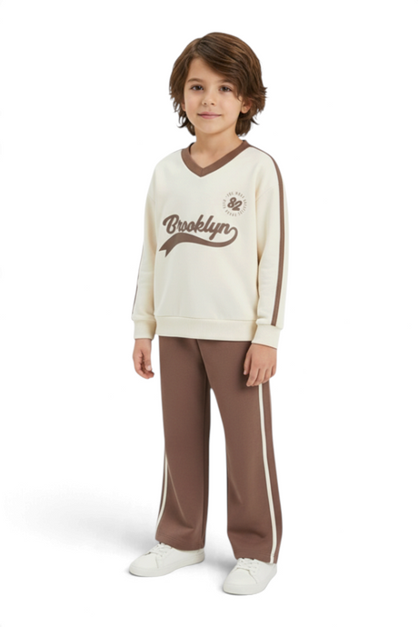 Sporline LC Waikiki ekru ve kahverengi baskılı kız çocuk sweatshirt ve eşofman altı takımı