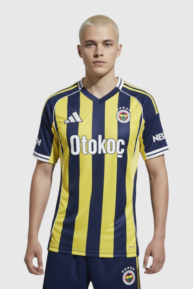 Sporline adidas sarı lacivert çubuklu erkek forma giyen kısa saçlı model