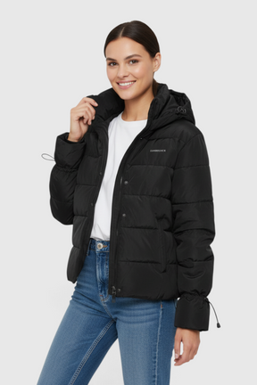 Sporline Lumberjack siyah kadın şişme mont, kapüşonlu ve regular kesim tekstil tasarım