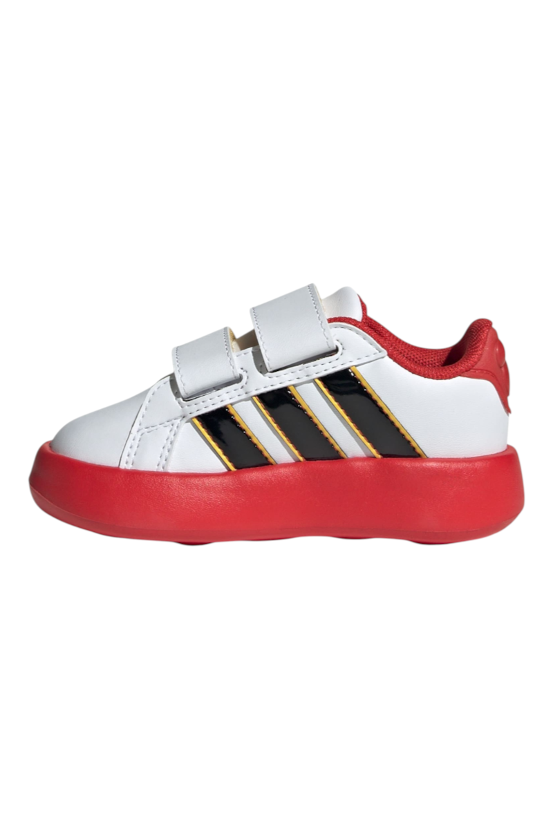 Sporline adidas Grand Court Mickey çocuk sneaker, beyaz suni deri ve inek derisi detaylı, kırmızı tabanlı cırtlı ayakkabı