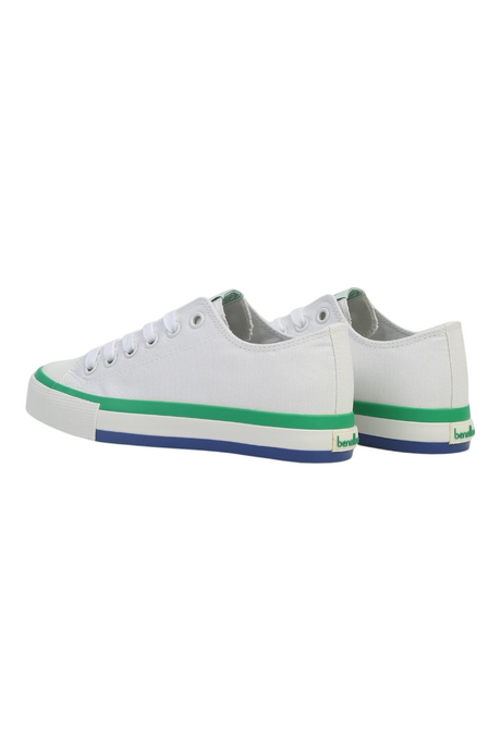 Sporline Benetton beyaz kanvas kadın sneaker, yeşil ve mavi detaylı kauçuk tabanlı spor ayakkabı