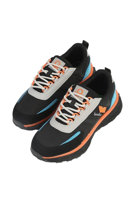 Sporline Benetton kadın siyah sneaker, turuncu ve mavi detaylı, bağcıklı spor ayakkabı.