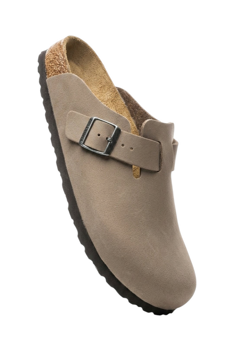 Sporline Birkenstock Boston gri unisex terlik, mantar tabanlı ve ayarlanabilir tokalı süet görünümlü tasarım